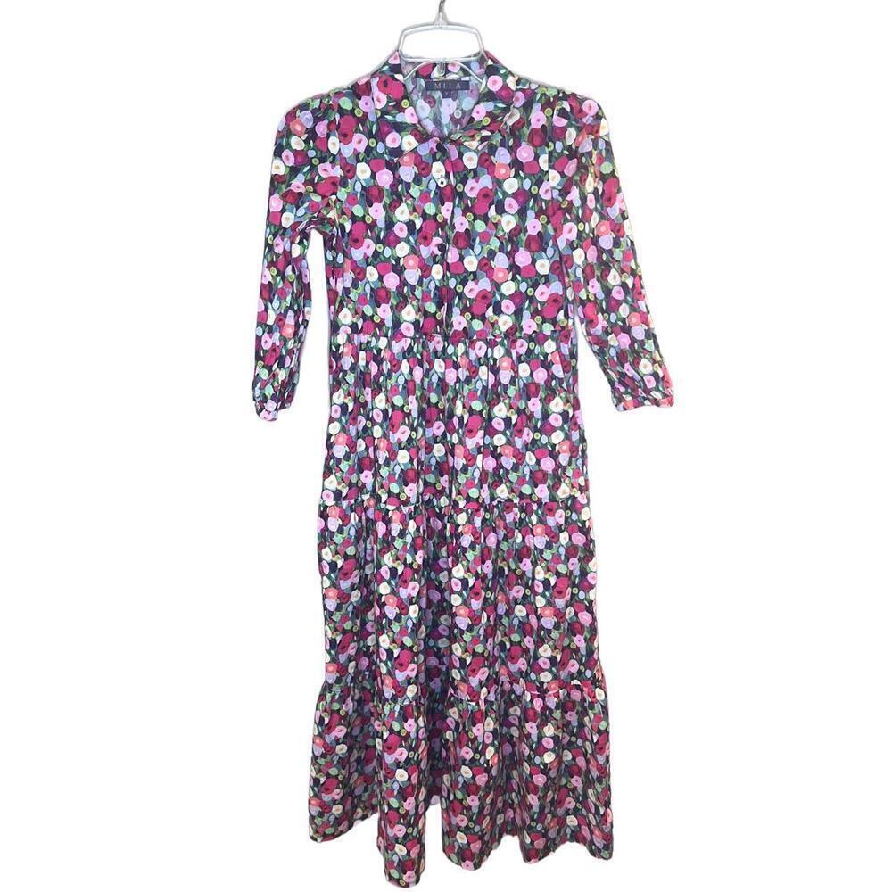MILA Floral Print 100% Cotton Maxi Dress with Tiered Skirt Collar Pockets Size S